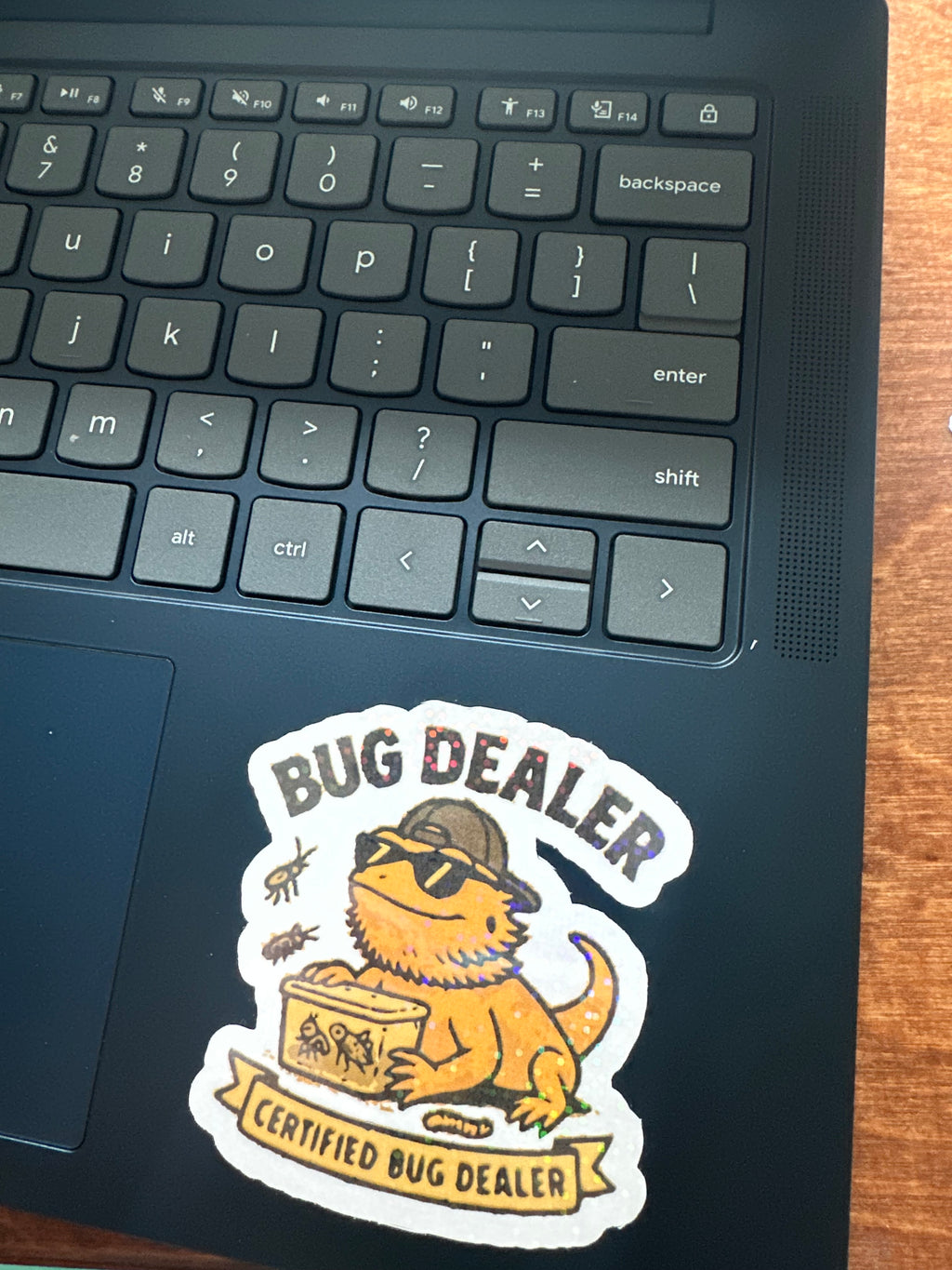 Beardie Bug Dealer sticker on a laptop