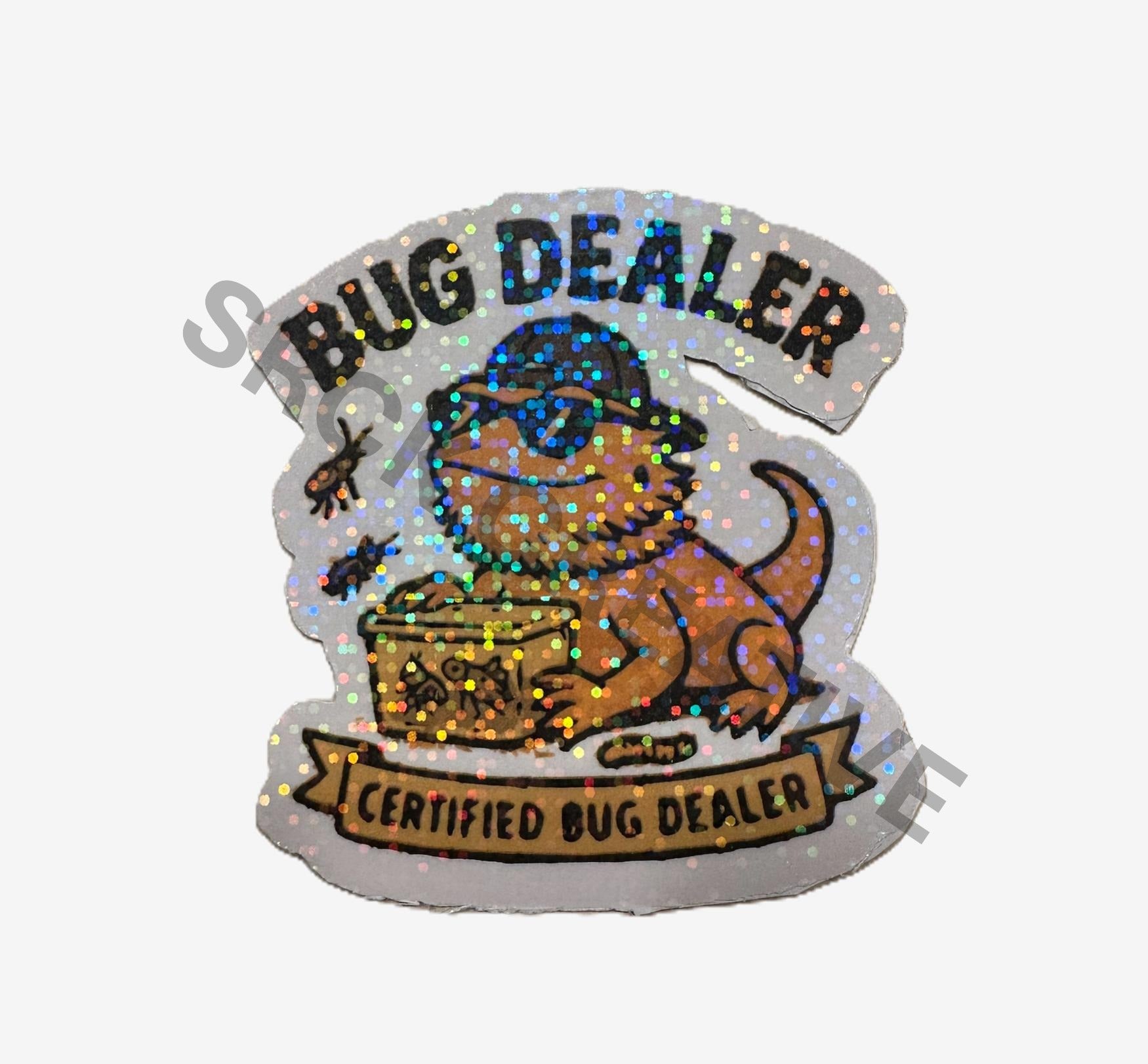 Beardie Bug Dealer sticker in sparkly finish featuring a bearded dragon