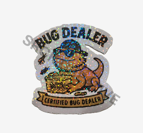 Beardie Bug Dealer sticker in sparkly finish featuring a bearded dragon